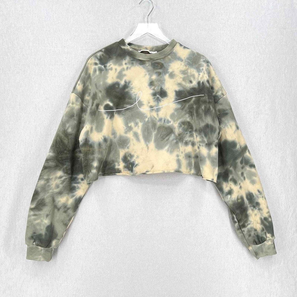 BY EGREIS Sweatshirt Women Large Green Tie Dye Cropped Long Sleeve Pullover Crew - Picture 3 of 16